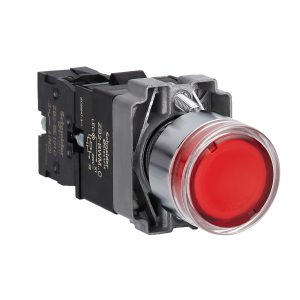 Complete illuminated push button, Easy Harmony XB2, metal, flush, red, 22mm, spring return, 220V AC, 1NO