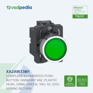 Complete illuminated push button, Easy Harmony XA2, plastic head, 22mm, green, 1NO, AC 220V, spring return