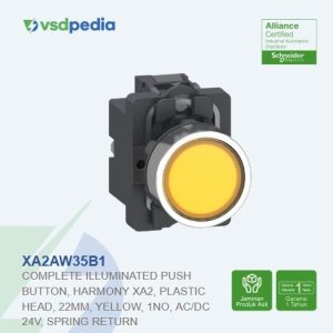 Complete illuminated push button, Easy Harmony XA2, plastic head, 22mm, yellow, 1NO, AC/DC 24V, spring return