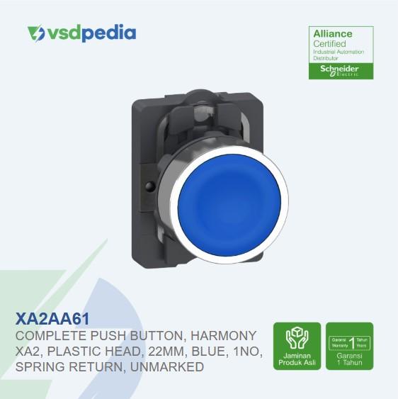 Complete push button, Easy Harmony XA2, plastic head, 22mm, blue, 1NO, spring return, unmarked